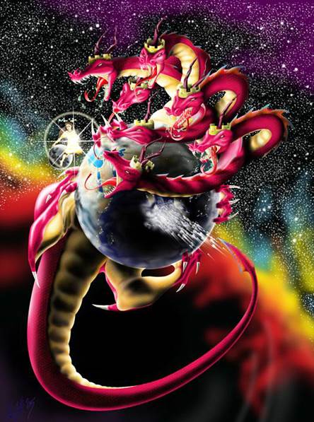 Una pintura artística que representa al gran dragón escarlata de Apocalipsis con siete cabezas que tiene el globo terráqueo en sus agarras y en el trasfondo de estos elementos, en la parte inferior, arde el espacio en rojos, negros y amarillos, mientras en la parte superior se el espacio estrellado.